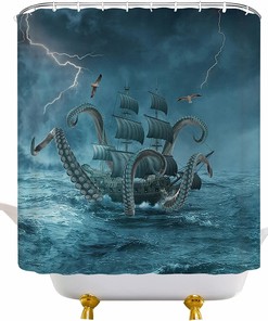 Cool Nautical Octopus Shower Curtain with Kraken Attack and Pirate Ship for Marine Life Bathroom Decor