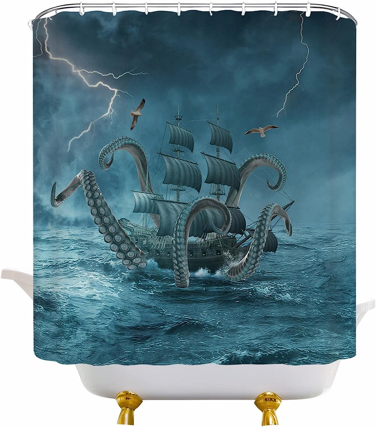 Cool Nautical Octopus Shower Curtain with Kraken Attack and Pirate Ship for Marine Life Bathroom Decor