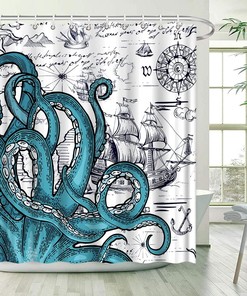 Cool Nautical Octopus Shower Curtain with Sailboat and Pirate Theme for Boys Bathroom 