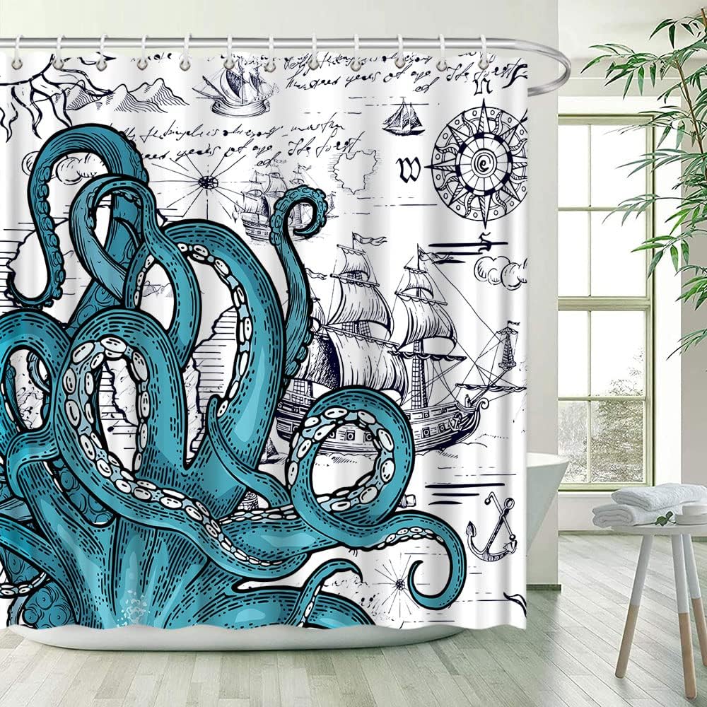 Cool Nautical Octopus Shower Curtain with Sailboat and Pirate Theme for Boys Bathroom