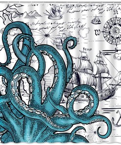 Cool Nautical Octopus Shower Curtain with Sailboat and Pirate Theme for Boys Bathroom