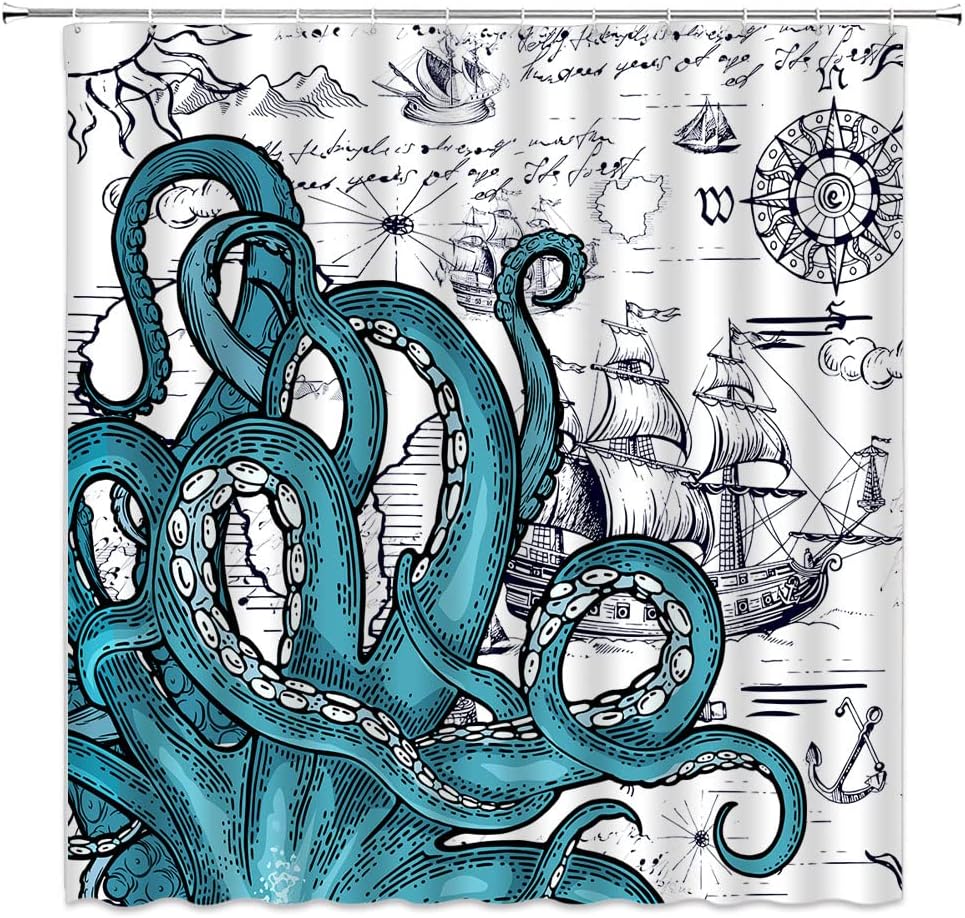 Cool Nautical Octopus Shower Curtain with Sailboat and Pirate Theme for Boys Bathroom