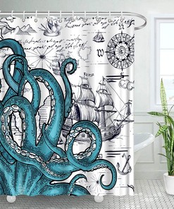 Cool Nautical Octopus Shower Curtain with Sailboat and Pirate Theme for Boys Bathroom