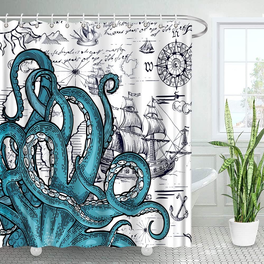 Cool Nautical Octopus Shower Curtain with Sailboat and Pirate Theme for Boys Bathroom