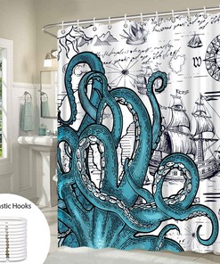 Cool Nautical Octopus Shower Curtain with Sailboat and Pirate Theme for Boys Bathroom
