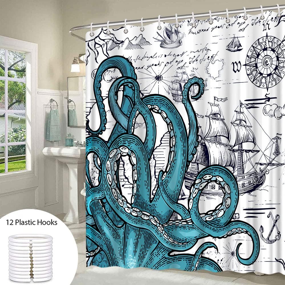 Cool Nautical Octopus Shower Curtain with Sailboat and Pirate Theme for Boys Bathroom
