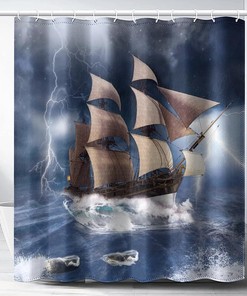 Cool Nautical Theme Pirate Ship Pattern Shower Curtain Waterproof Fabric 