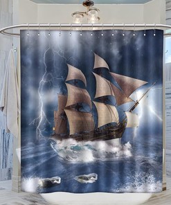 Cool Nautical Theme Pirate Ship Pattern Shower Curtain Waterproof Fabric