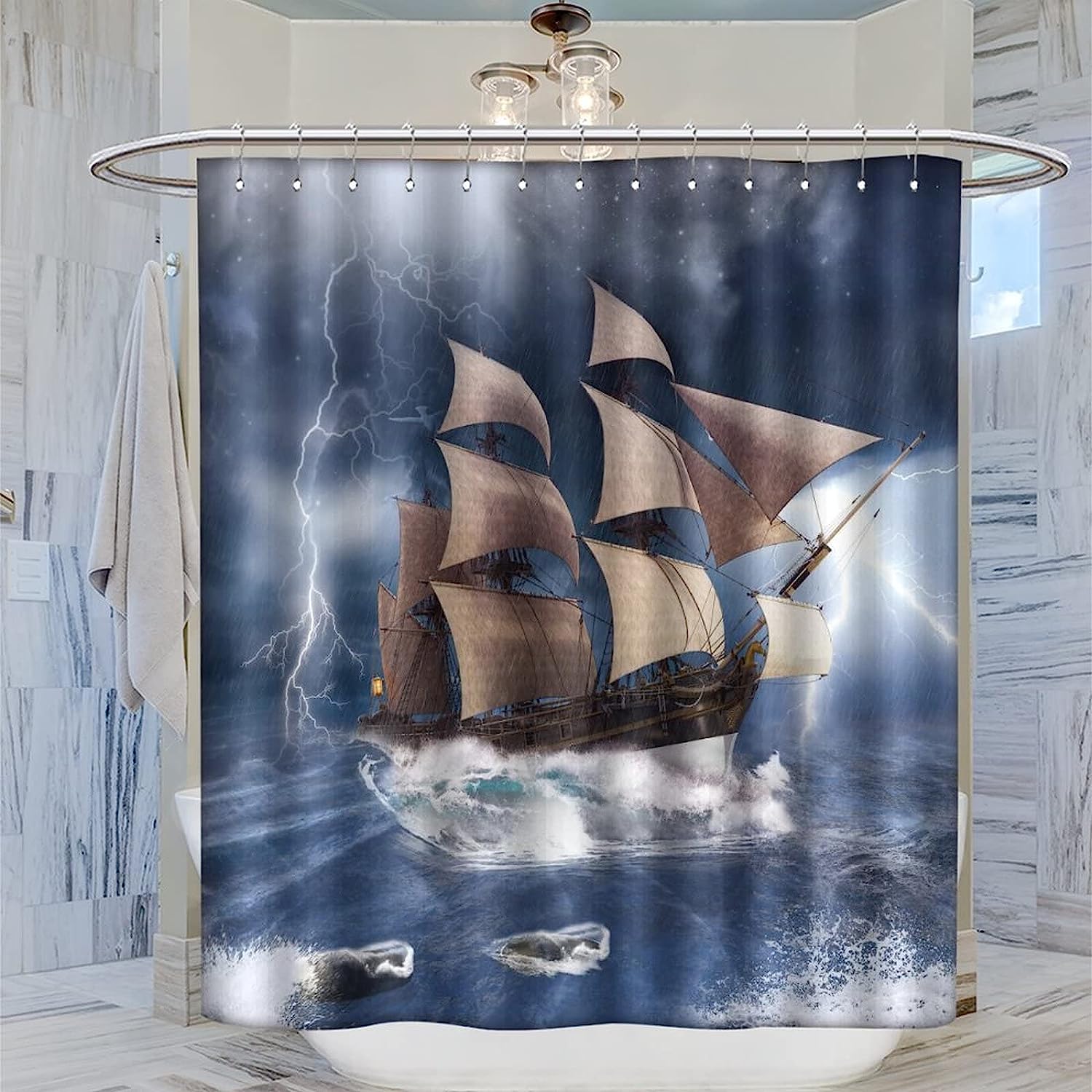 Cool Nautical Theme Pirate Ship Pattern Shower Curtain Waterproof Fabric