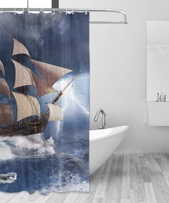 Cool Nautical Theme Pirate Ship Pattern Shower Curtain Waterproof Fabric