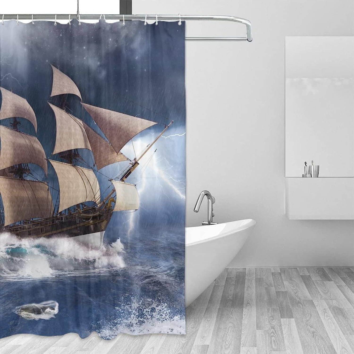 Cool Nautical Theme Pirate Ship Pattern Shower Curtain Waterproof Fabric