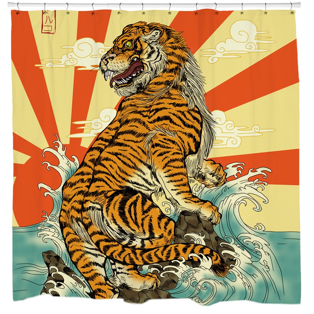Cool Rising Sun Japanese Shower Art Tiger Shower Curtain for Spa-Like Bathroom Decor