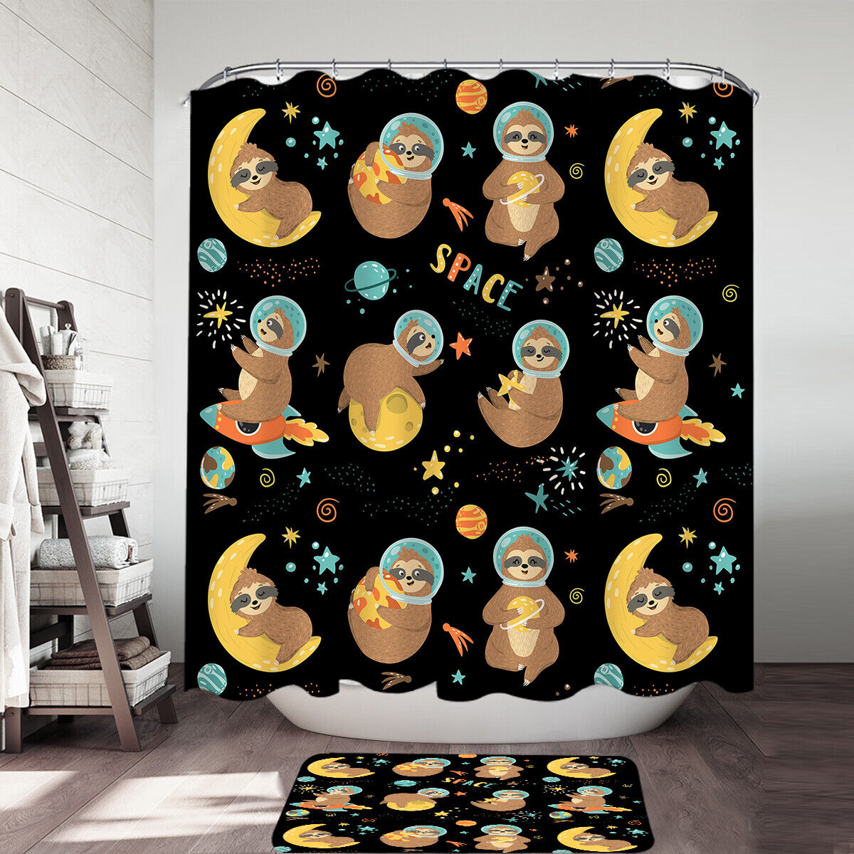 Cool Sloth In Space Shower Curtain - Humorous And Fun Space Themed Bathroom Decor