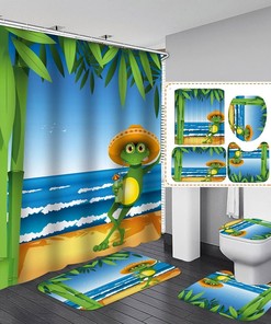 Cool Summer Cartoon Frog Shower Curtain with Ocean and Sandy Beach Print