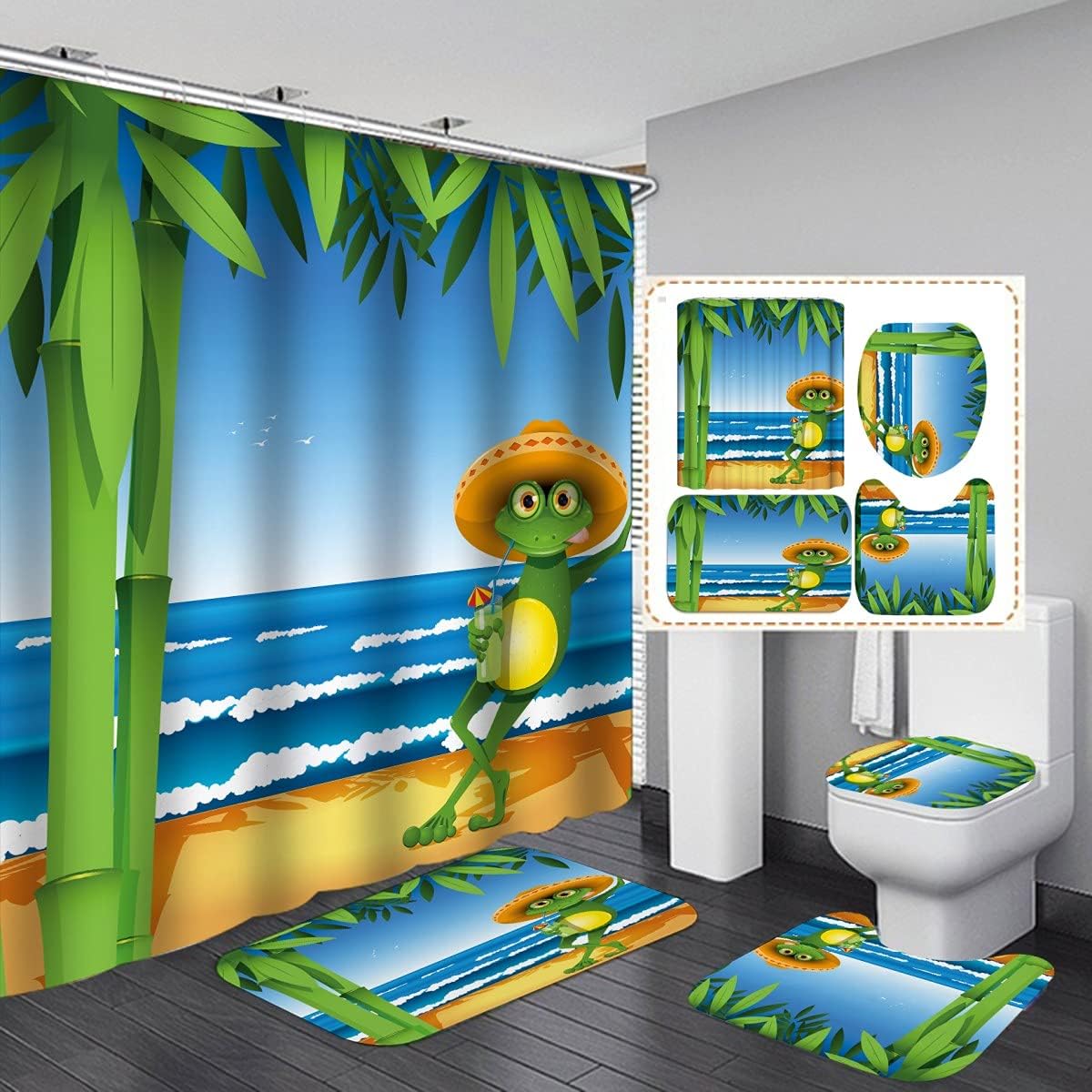 Cool Summer Cartoon Frog Shower Curtain with Ocean and Sandy Beach Print