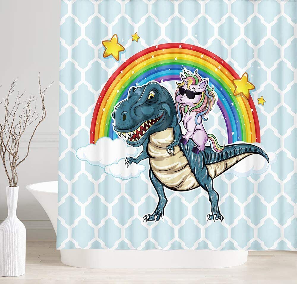 Cool Unicorn Riding Cute Dinosaur Funny Kids Shower Curtain