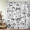 Cool Video Game Boys Shower Curtain with Black and White Sketch Graffiti Print for Bathroom Decor by Riyidecor