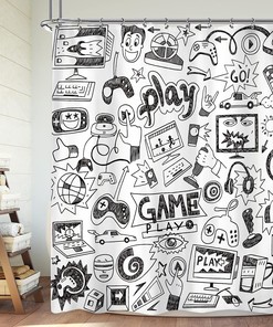 Cool Video Game Boys Shower Curtain with Black and White Sketch Graffiti Print for Bathroom Decor by Riyidecor