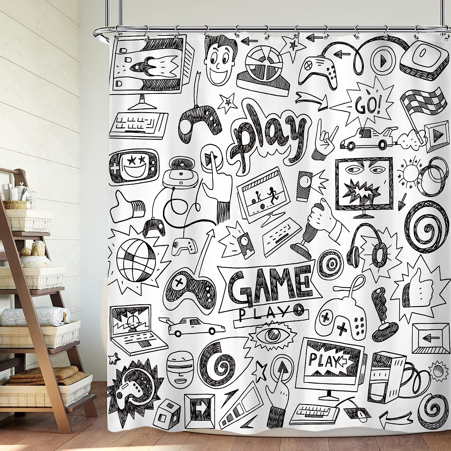 Cool Video Game Boys Shower Curtain with Black and White Sketch Graffiti Print for Bathroom Decor by Riyidecor
