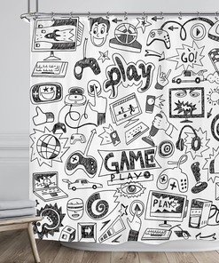 Cool Video Game Boys Shower Curtain with Black and White Sketch Graffiti Print for Bathroom Decor by Riyidecor
