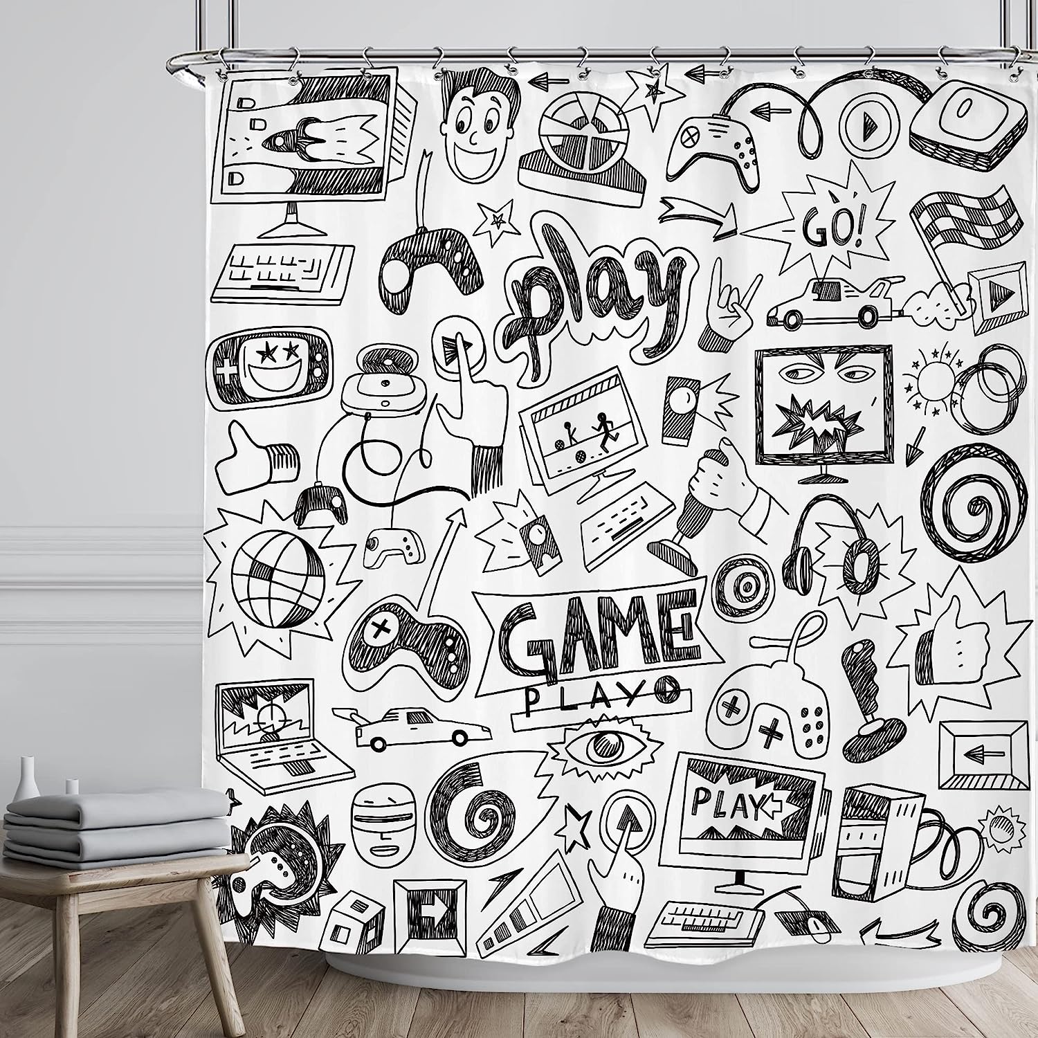 Cool Video Game Boys Shower Curtain with Black and White Sketch Graffiti Print for Bathroom Decor by Riyidecor