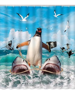 Cool and Cute Shower Curtain with Funny Penguin Riding Shark Design Perfect for Kids Bathroom