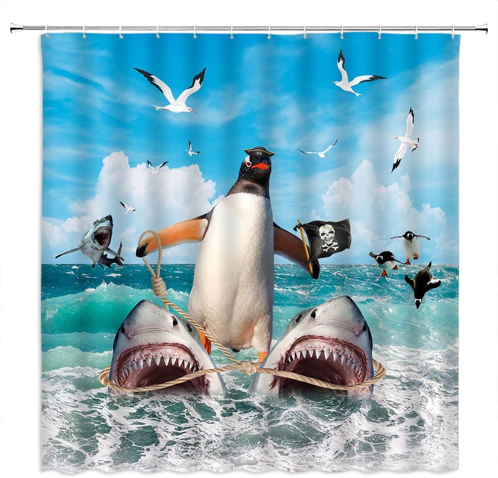 Cool and Cute Shower Curtain with Funny Penguin Riding Shark Design Perfect for Kids Bathroom