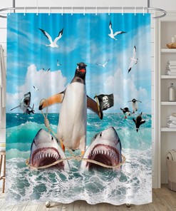 Cool and Cute Shower Curtain with Funny Penguin Riding Shark Design Perfect for Kids Bathroom