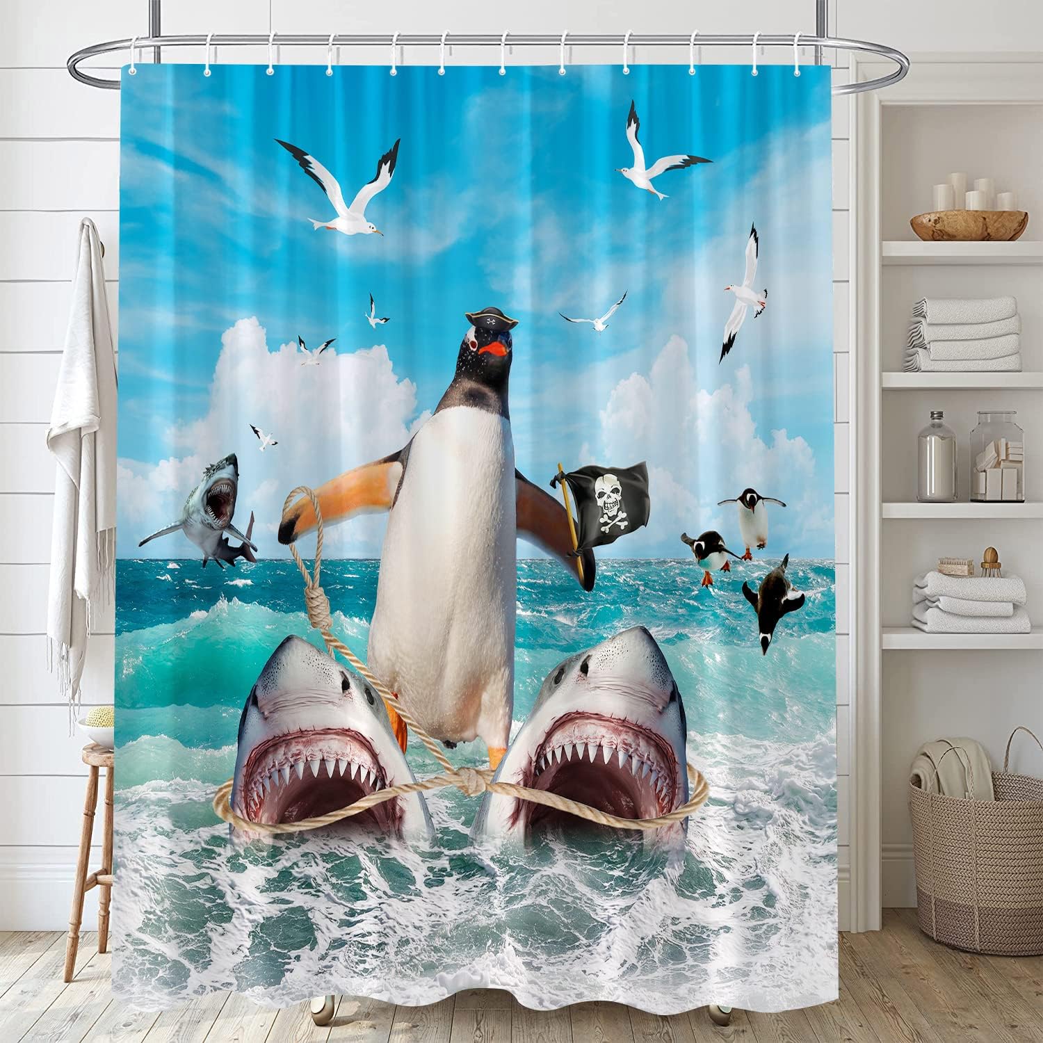 Cool and Cute Shower Curtain with Funny Penguin Riding Shark Design Perfect for Kids Bathroom