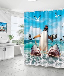 Cool and Cute Shower Curtain with Funny Penguin Riding Shark Design Perfect for Kids Bathroom