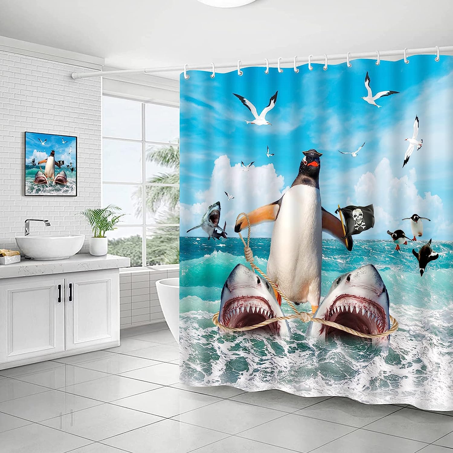 Cool and Cute Shower Curtain with Funny Penguin Riding Shark Design Perfect for Kids Bathroom