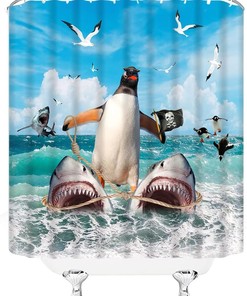 Cool and Cute Shower Curtain with Funny Penguin Riding Shark Design Perfect for Kids Bathroom