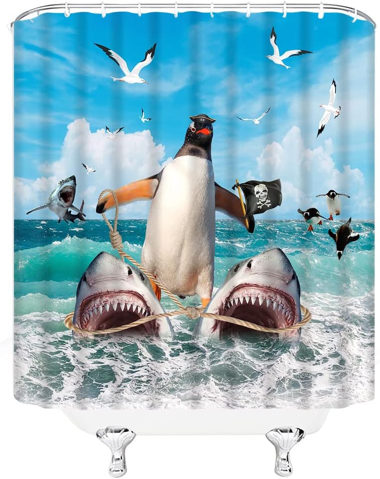 Cool and Cute Shower Curtain with Funny Penguin Riding Shark Design Perfect for Kids Bathroom