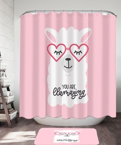Cool and Quirky Llama Shower Curtain with Cute Heart Glasses on Pink Background