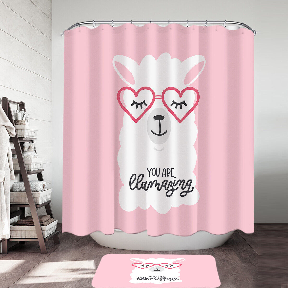 Cool and Quirky Llama Shower Curtain with Cute Heart Glasses on Pink Background