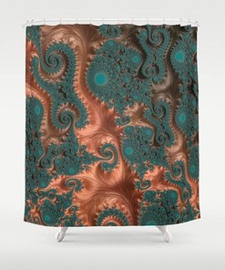 Copper and Green Geometric Pattern Modern Decor Bohemian Fabric Shower Curtain 