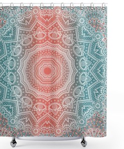 Coral And Teal Shower Curtain - Modern Tribal Mandala Tibetan Healing Motif With Floral Geometric Ombre Art