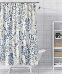 Coral Coastal Beach Shower Curtain with Seashell Conch Seahorse Ocean Starfish - Nautical Blue Marine