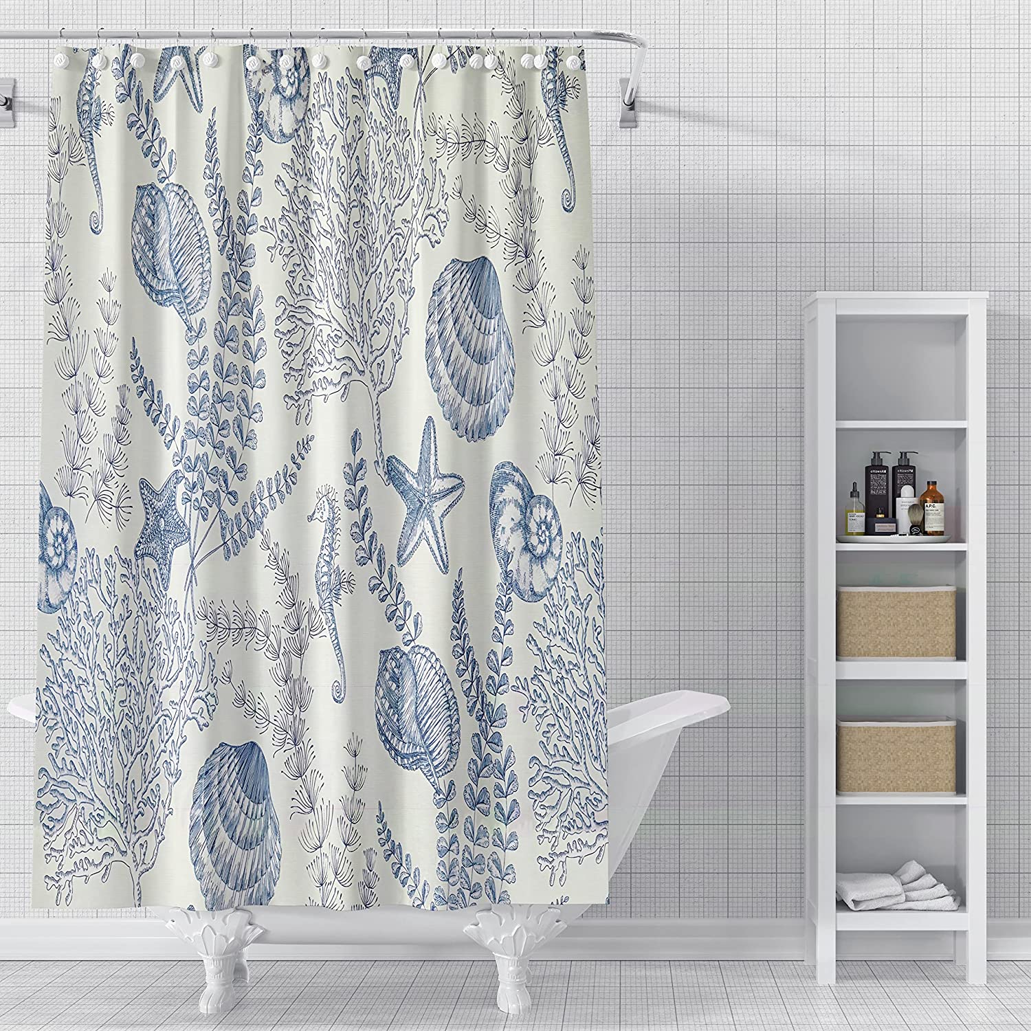 Coral Coastal Beach Shower Curtain with Seashell Conch Seahorse Ocean Starfish - Nautical Blue Marine
