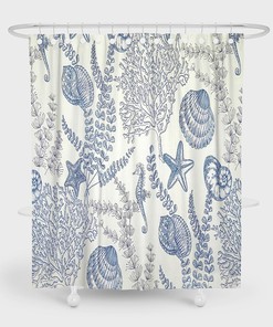 Coral Coastal Beach Shower Curtain with Seashell Conch Seahorse Ocean Starfish - Nautical Blue Marine