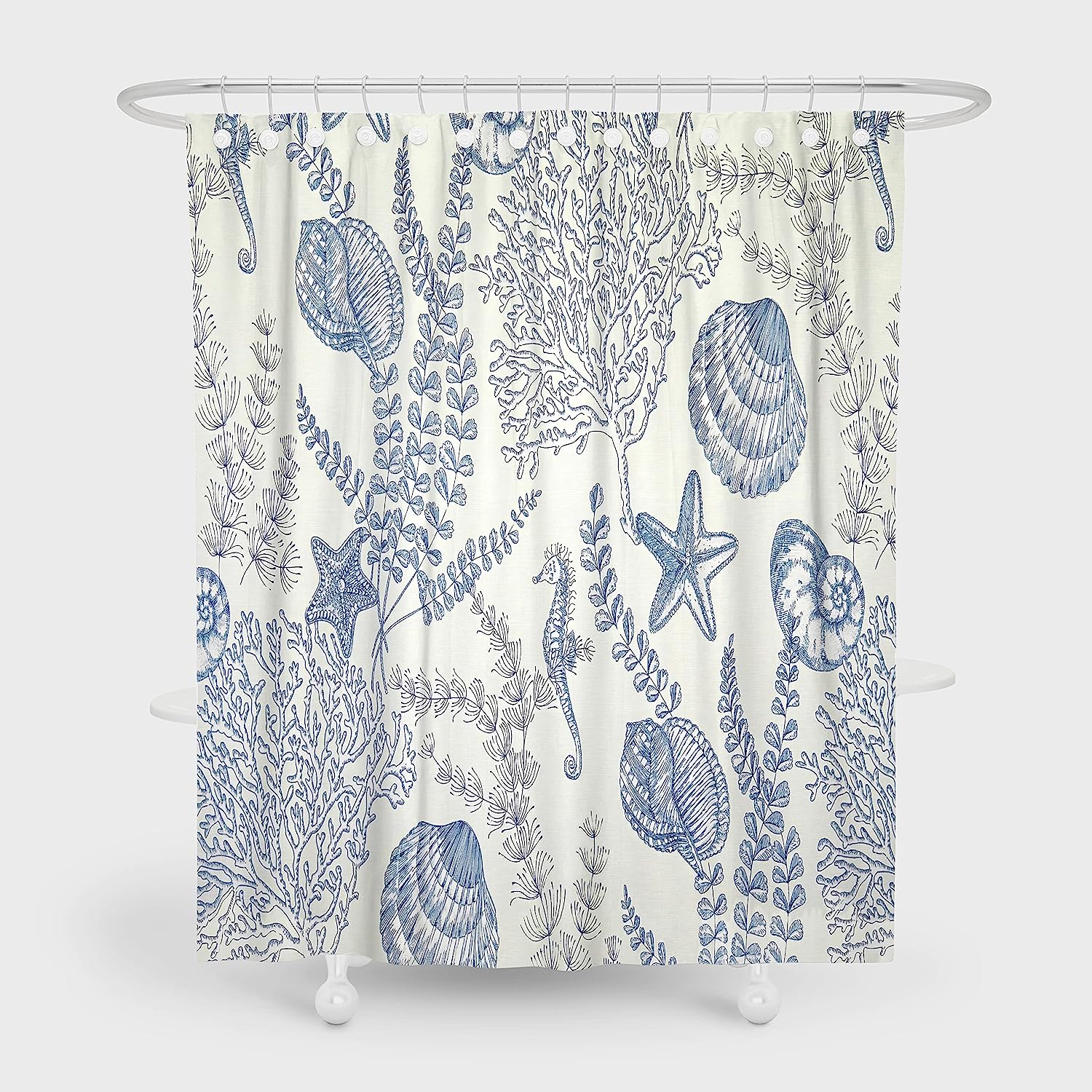 Coral Coastal Beach Shower Curtain with Seashell Conch Seahorse Ocean Starfish - Nautical Blue Marine