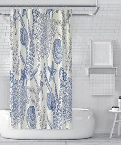 Coral Coastal Beach Shower Curtain with Seashell Conch Seahorse Ocean Starfish - Nautical Blue Marine