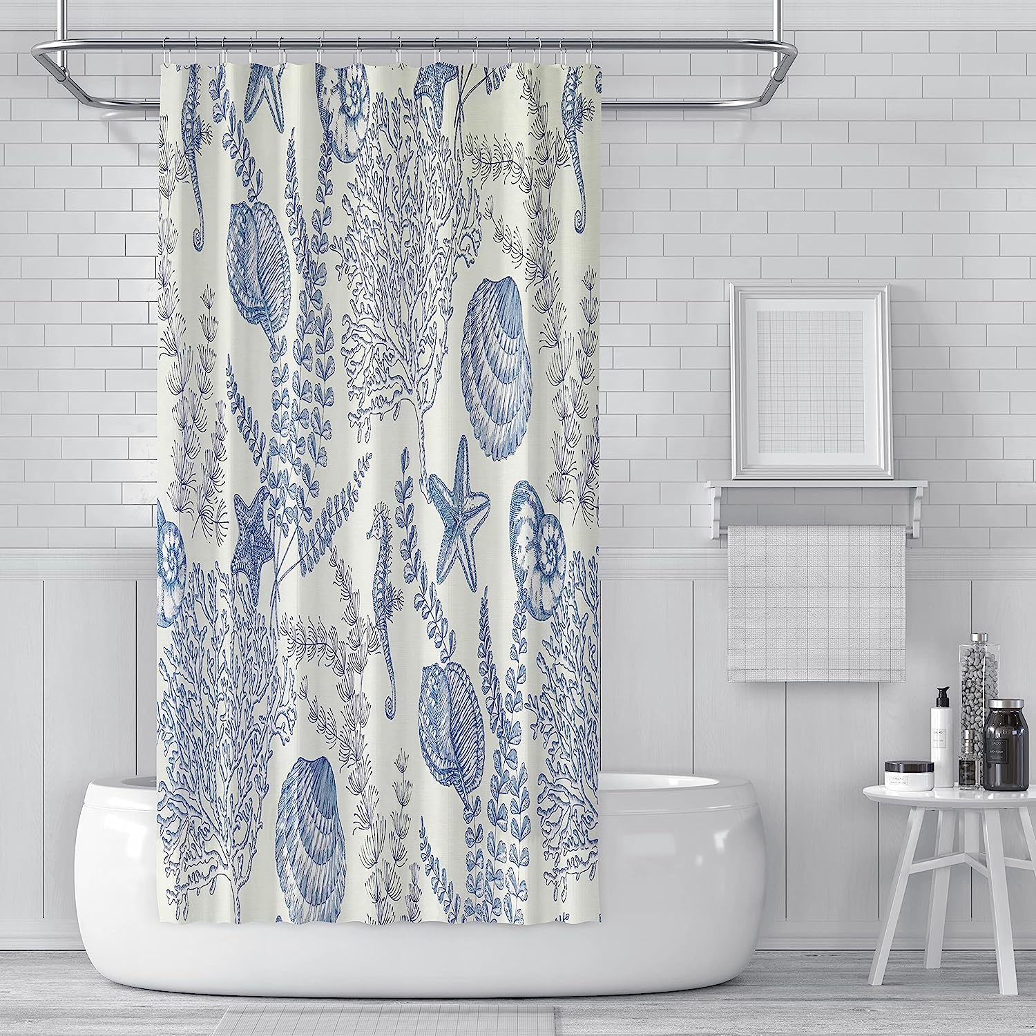 Coral Coastal Beach Shower Curtain with Seashell Conch Seahorse Ocean Starfish - Nautical Blue Marine