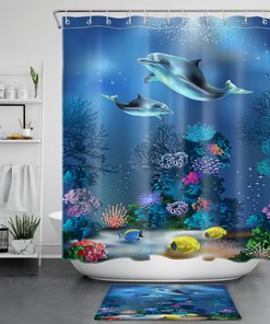Coral Fish & Blue Dolphin Underwater Shower Curtain Accessory Set