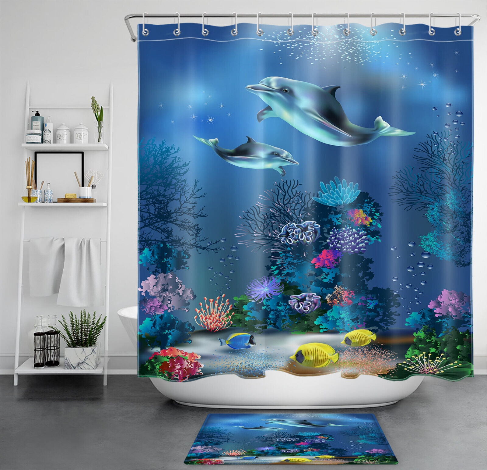 Coral Fish & Blue Dolphin Underwater Shower Curtain Accessory Set