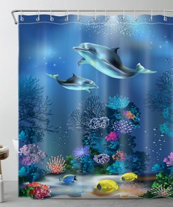Coral Fish & Blue Dolphin Underwater Shower Curtain Accessory Set