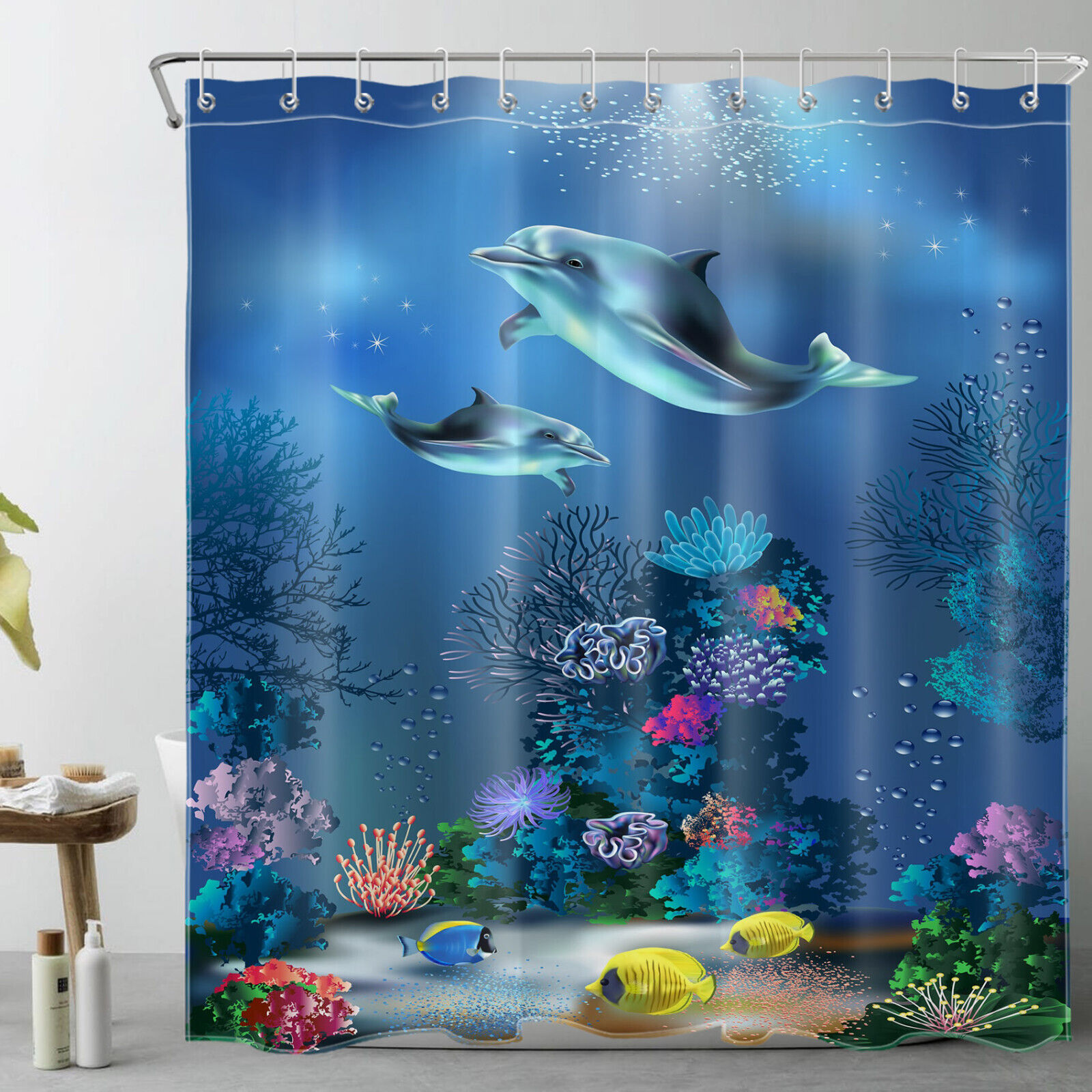 Coral Fish & Blue Dolphin Underwater Shower Curtain Accessory Set