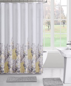 Coral Gray Watercolor Flowers Fabric Shower Curtain for Bathroom 