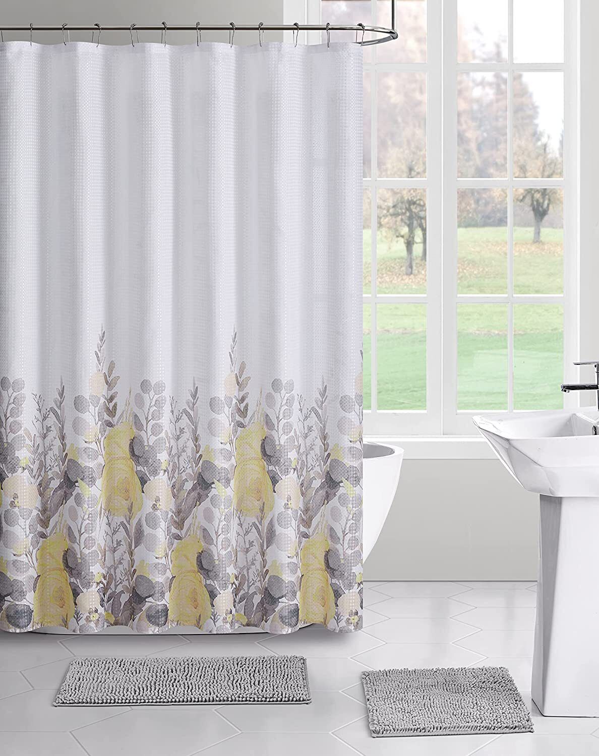 Coral Gray Watercolor Flowers Fabric Shower Curtain for Bathroom