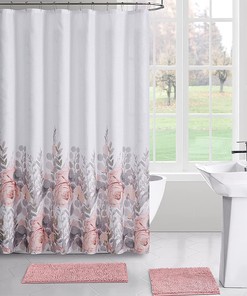 Coral Gray Watercolor Flowers Fabric Shower Curtain for Bathroom